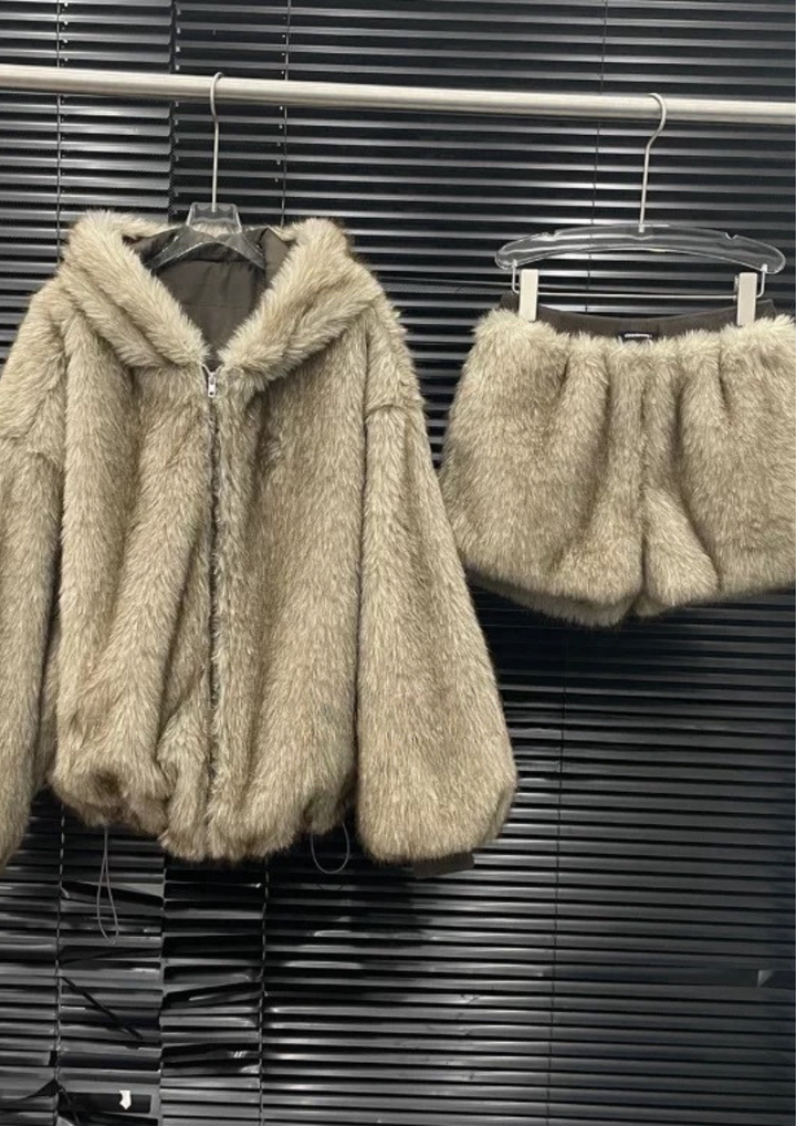 Luxe Reversible Faux-Fur Padded Jacket & Shorts Set