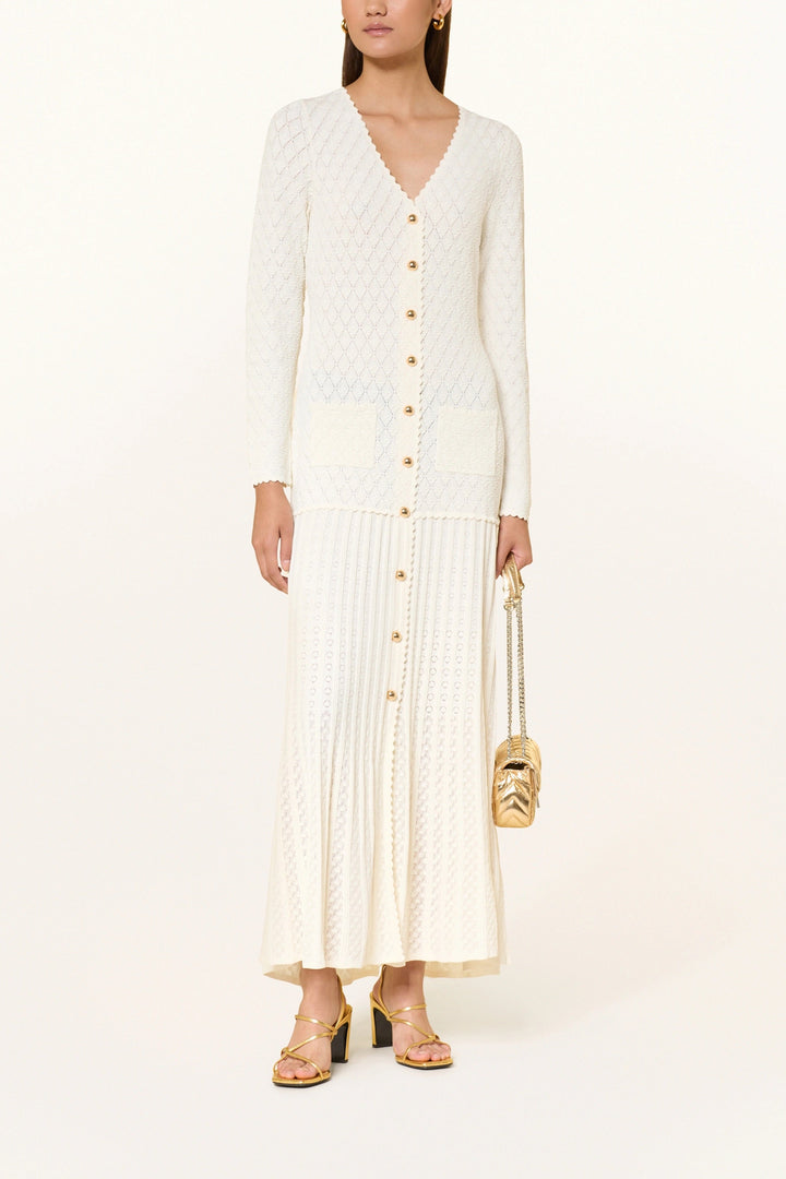 Ivory Luxe Hollow Golden Button Viscose Knit V-Neck Maxi Dress