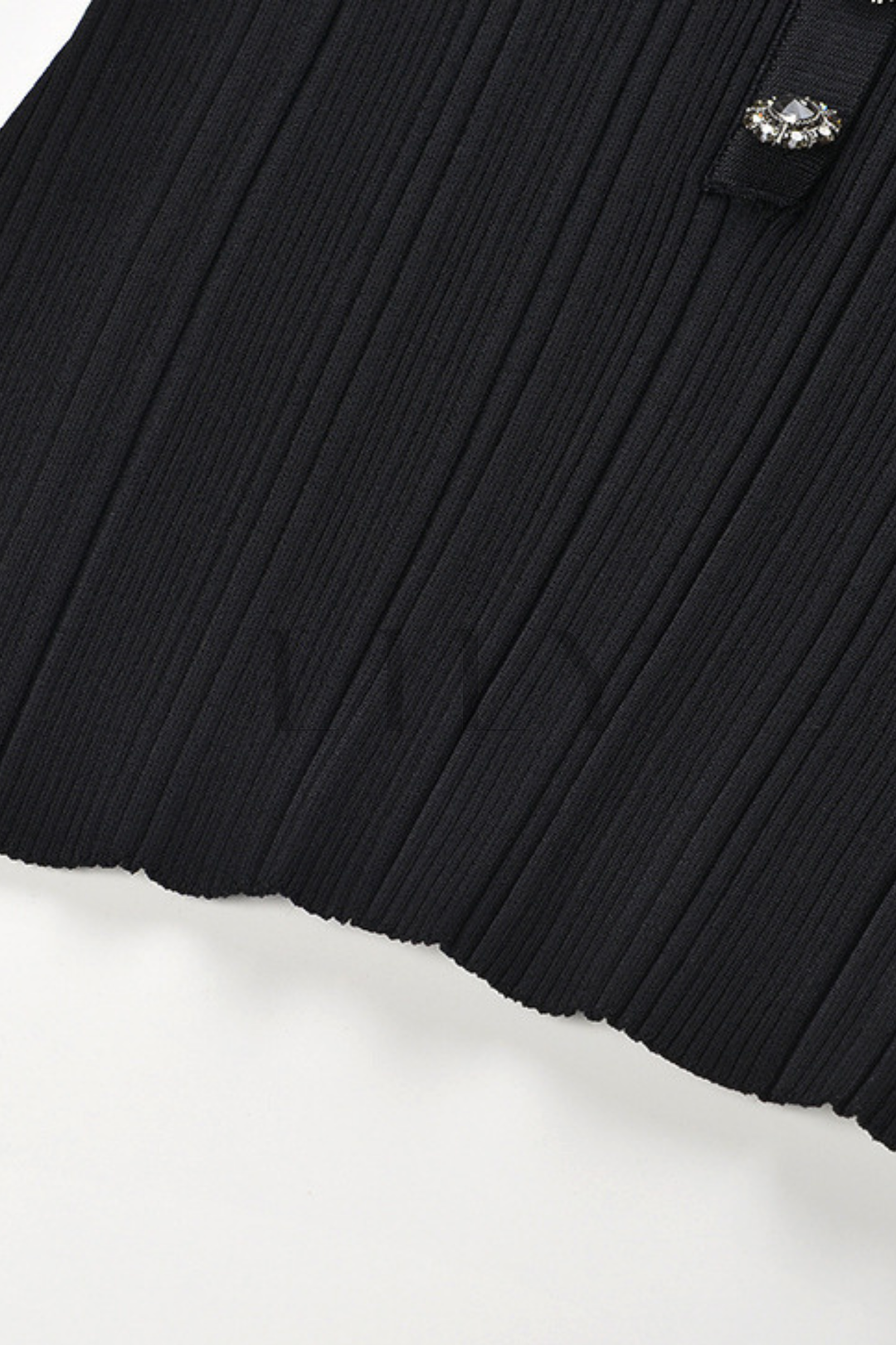 Crystal Trim U-Neck Ribbed Wool Top