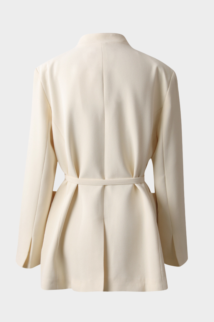 Tie Waist V Neck Crepe Patch Pockets Blazer