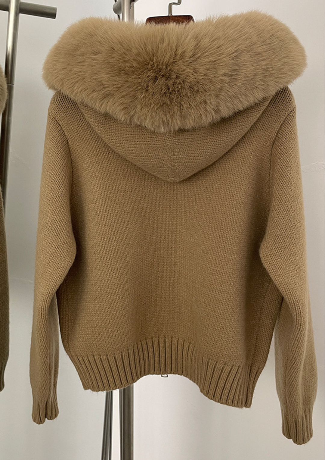 Fox Fur Collar Soft Wool Hooded Cardigan Top