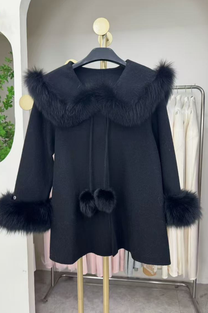 Fox Fur Trim Double Faced Wool Swing Coat