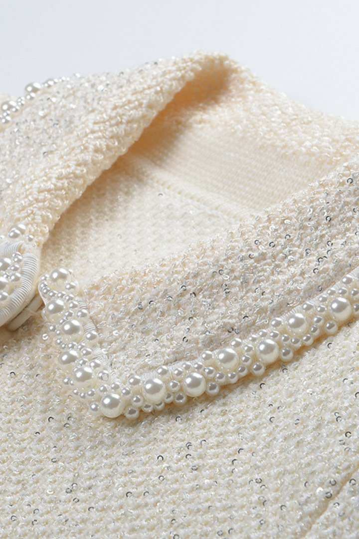 Pearl Luxe Trim Tweed Feather Detail Cropped Cardigan Jacket