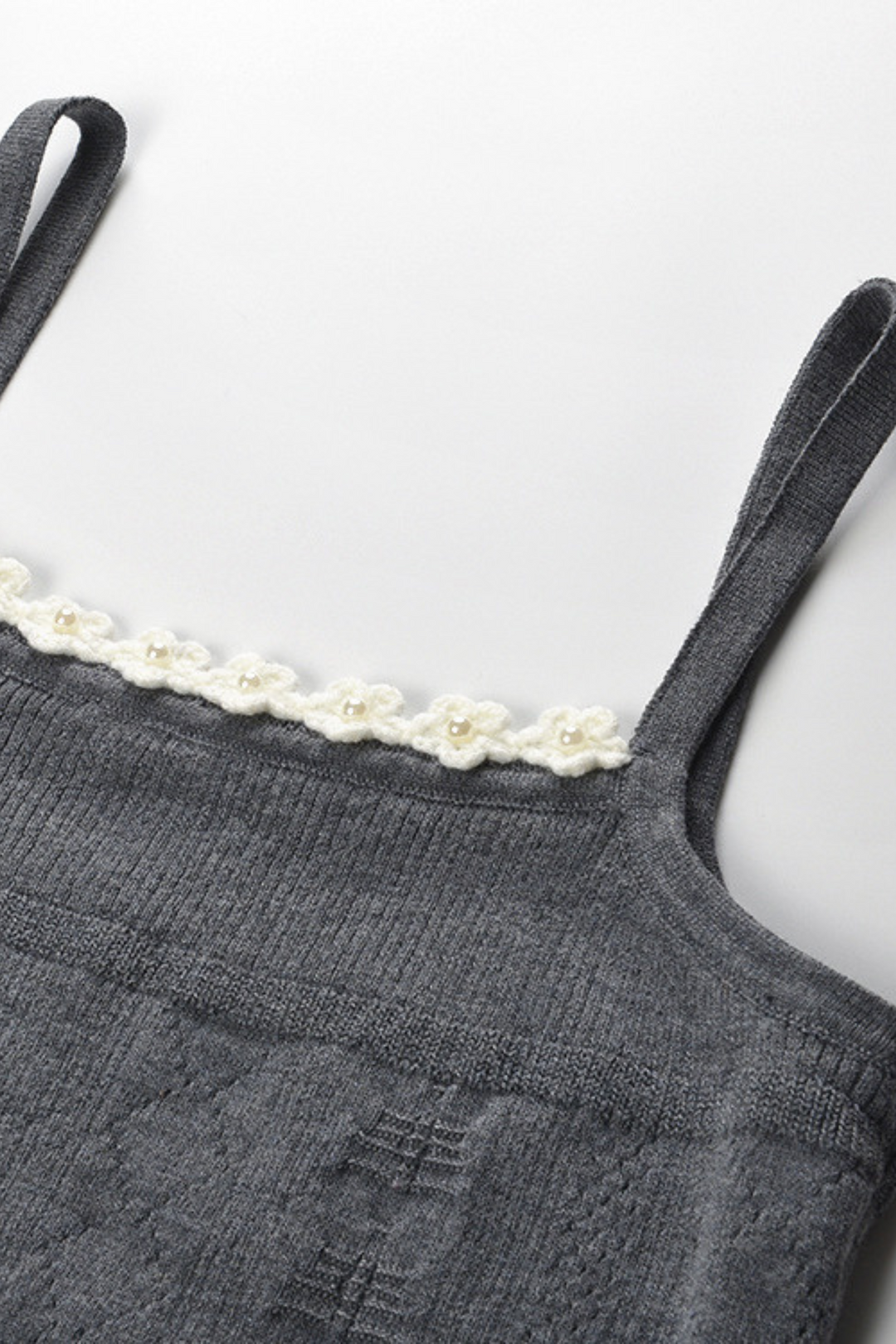 Grey Pleated Mini Skirt with Pearl Flower Waistline