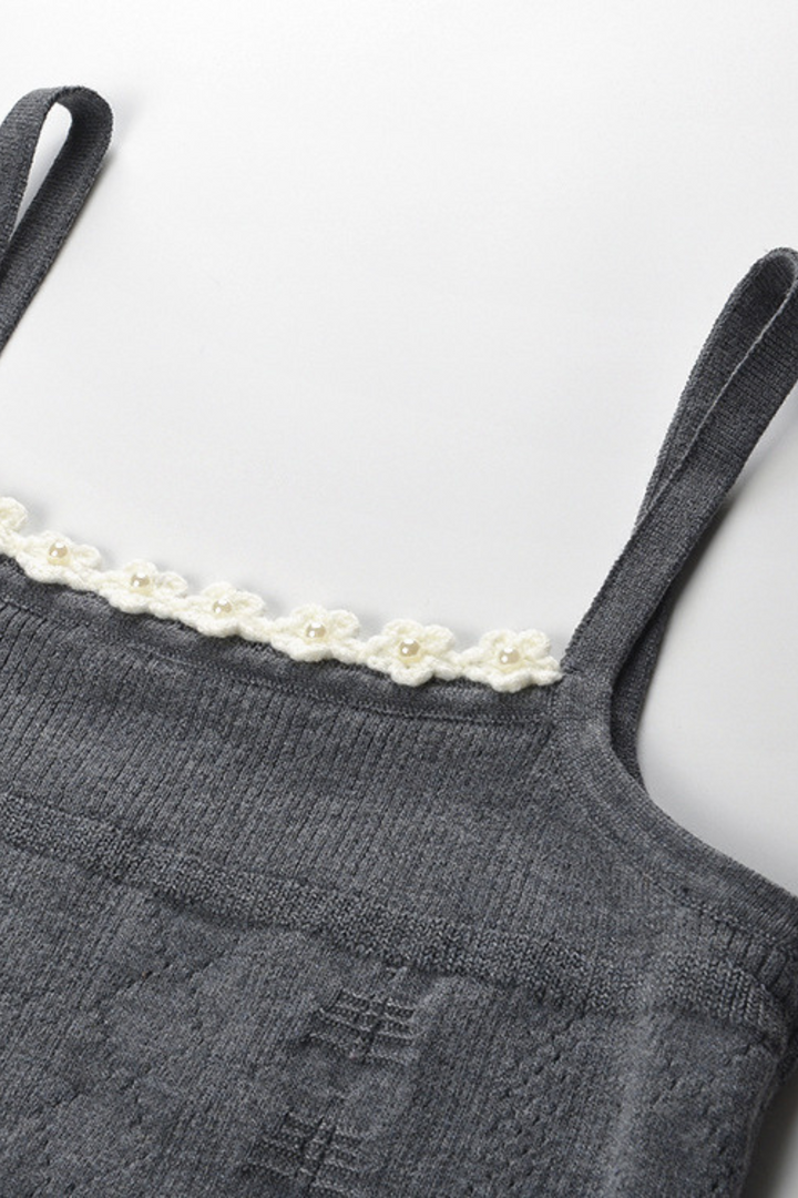 Grey Pleated Mini Skirt with Pearl Flower Waistline