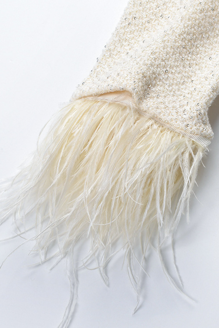 Pearl Luxe Trim Tweed Feather Detail Cropped Cardigan Jacket