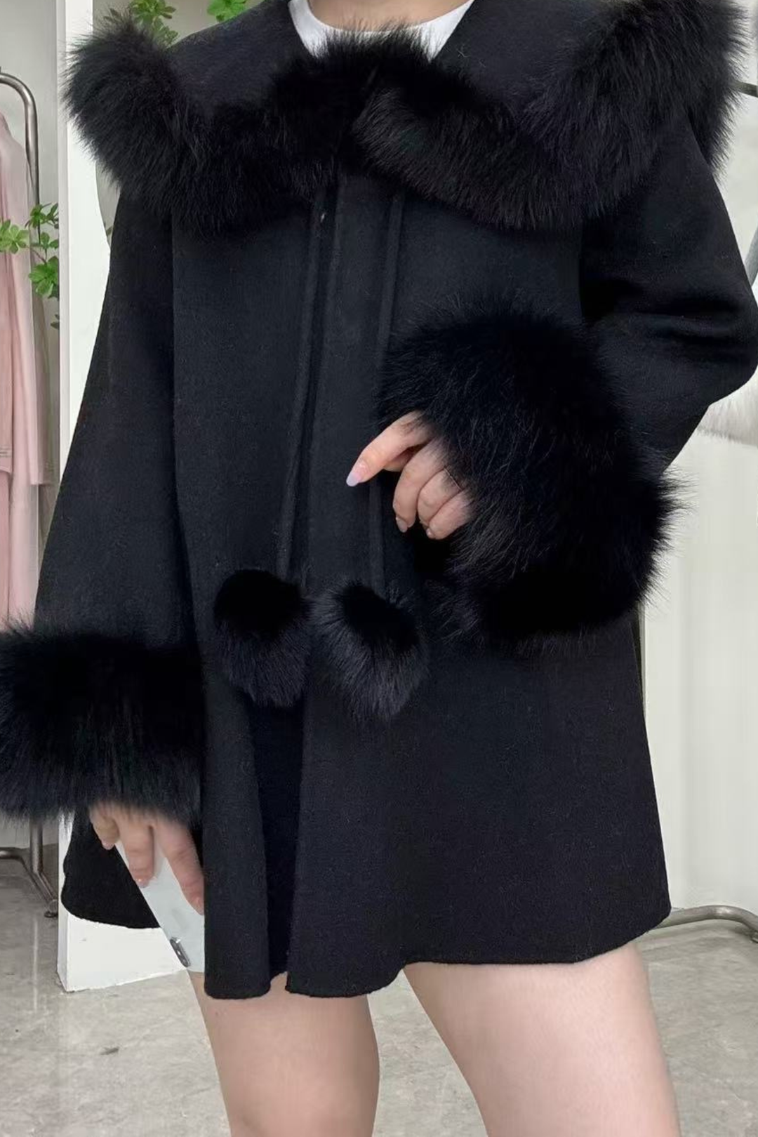 Fox Fur Trim Double Faced Wool Swing Coat