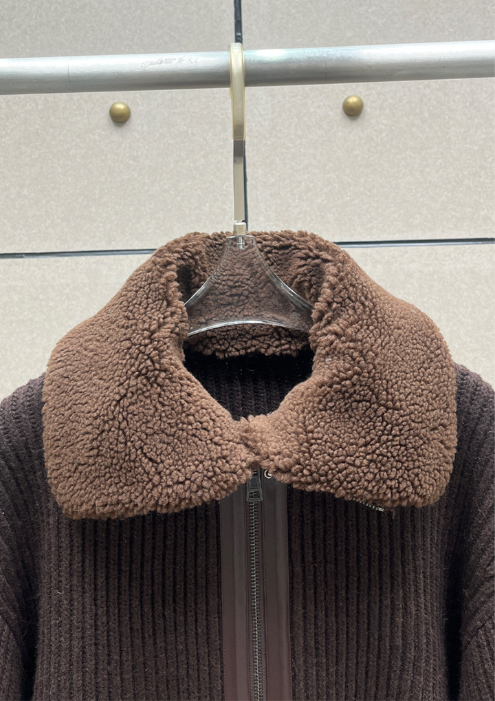 Shearling Collar Knit Zip Jacket