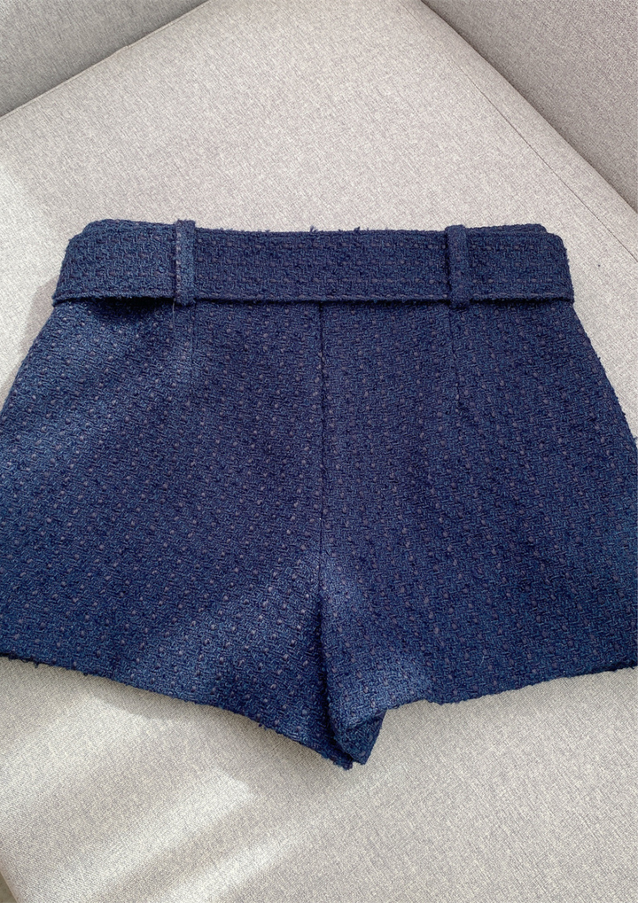 Navy Contrast Elegance Tweed Belted Set