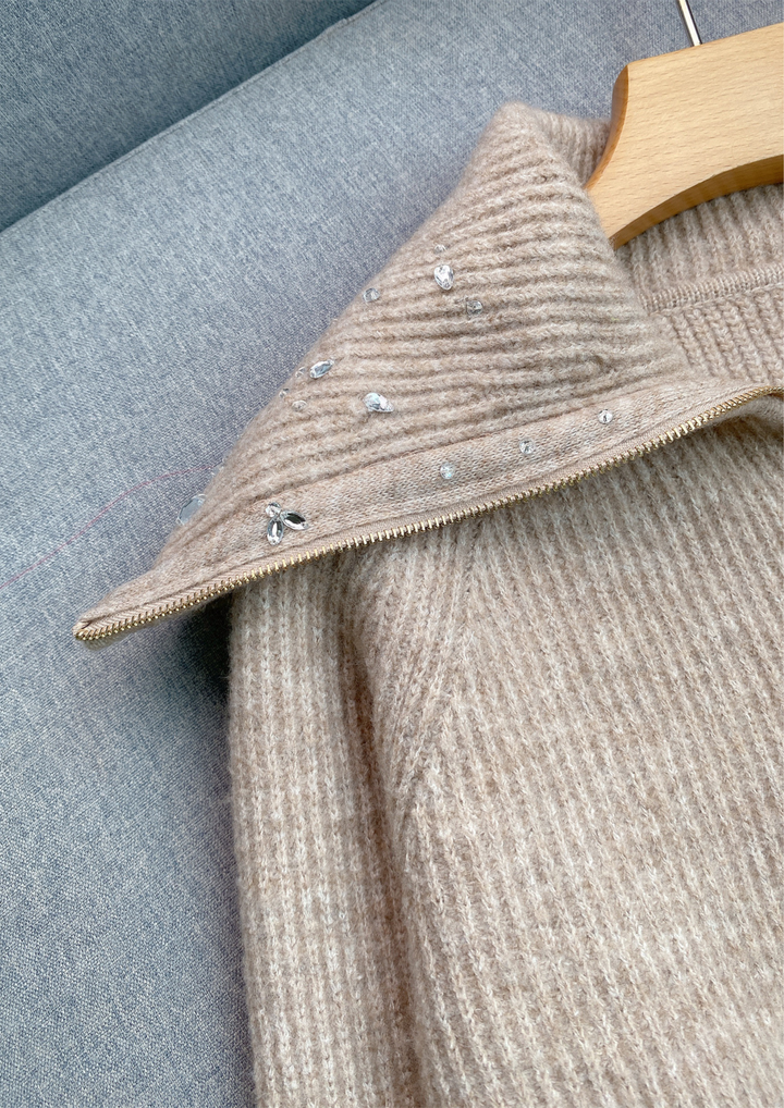 Rhinestone Half Zip Oversized Collar Knit Top