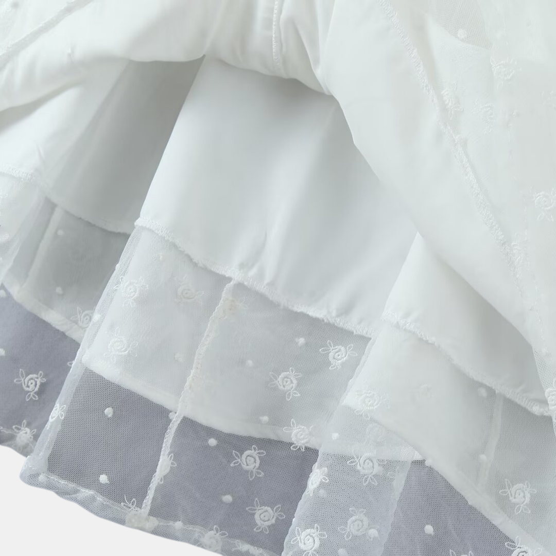 White Embroidered Lace Top & Midi Layered Skirt - Set