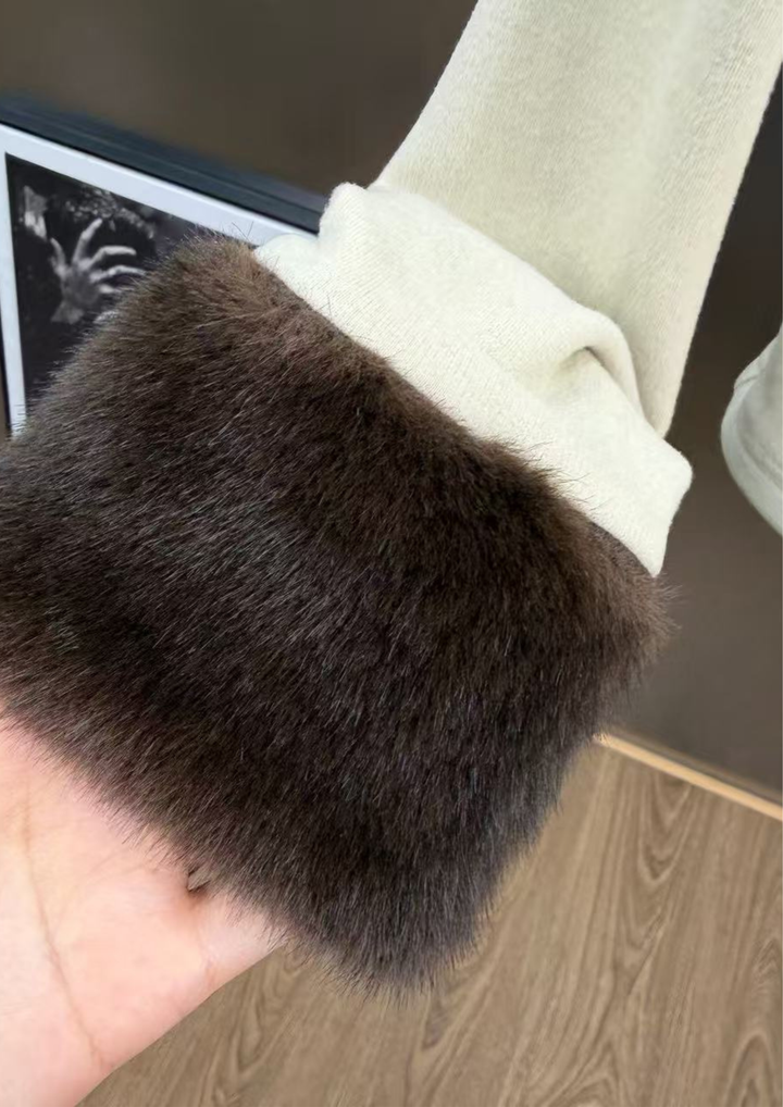 Contrast  Cuffed Fur Sleeves Collar Knit Cardigan Top