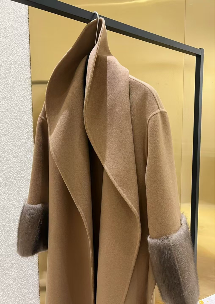 Amara Cashmere Rex Fur Cuff Drape Coat