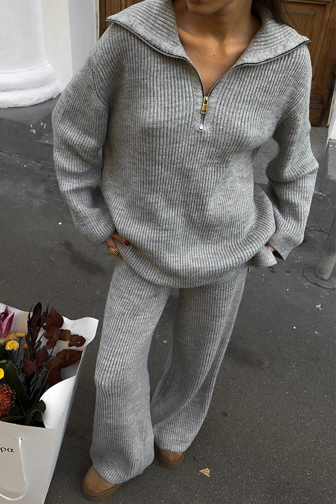 Comfy Ribbed Lapel Wide Leg Knit Set