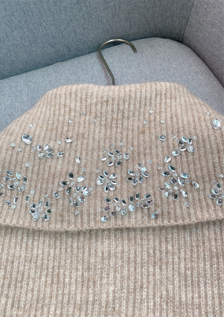 Rhinestone Half Zip Oversized Collar Knit Top