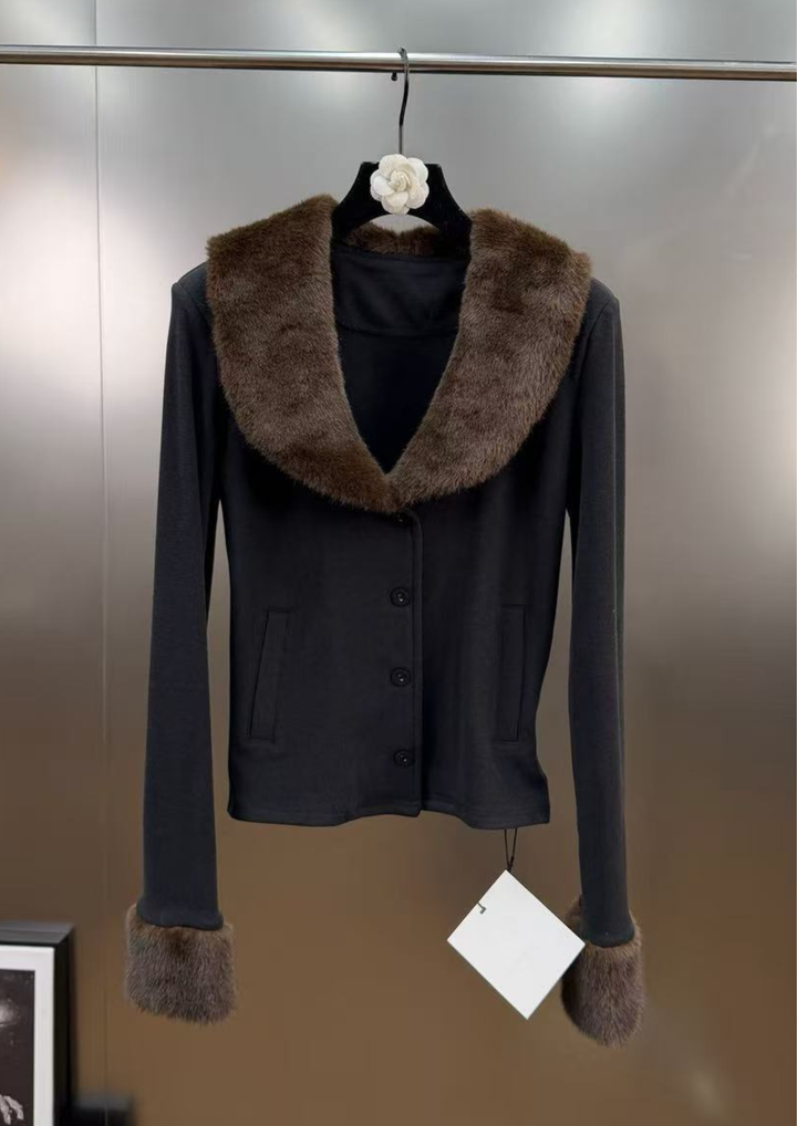 Contrast  Cuffed Fur Sleeves Collar Knit Cardigan Top