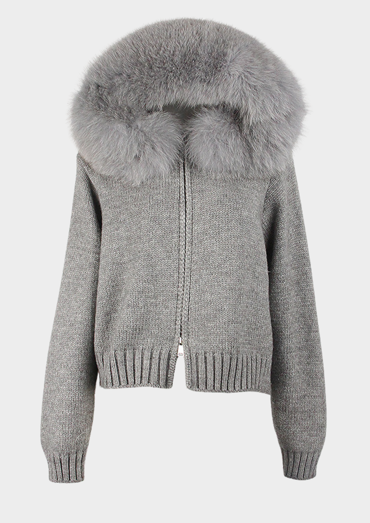 Large Fur Collar Hooded Zipper  Jacket Top