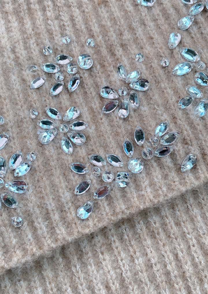 Rhinestone Half Zip Oversized Collar Knit Top