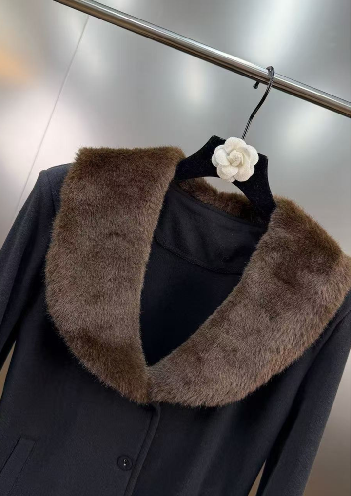 Contrast  Cuffed Fur Sleeves Collar Knit Cardigan Top