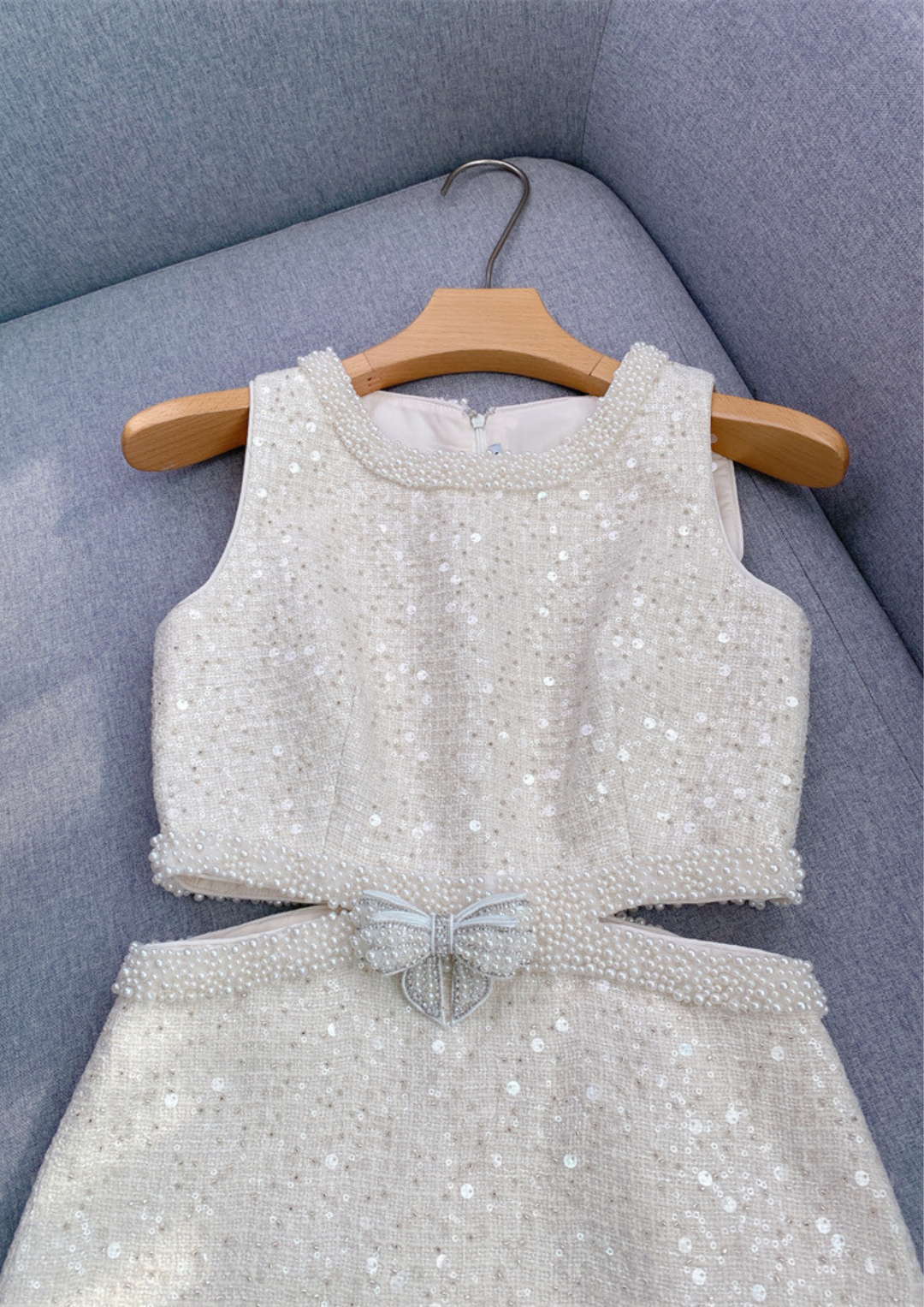 Serene Shine Pearl Sequin Bow Open Waist Mini Dress