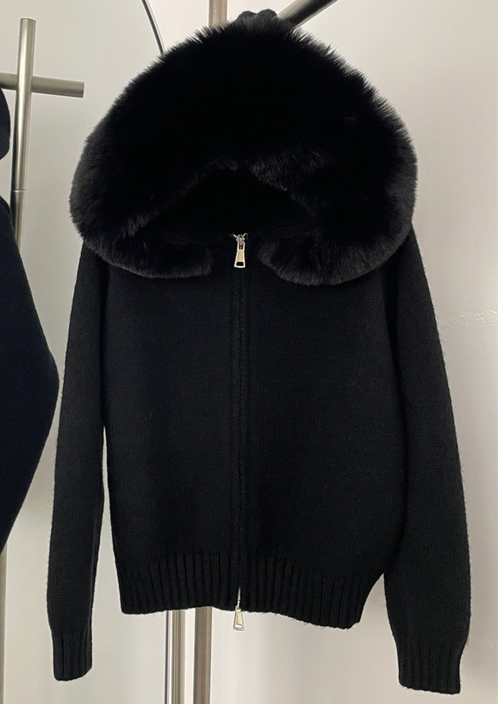 Large Fur Collar Hooded Zipper  Jacket Top