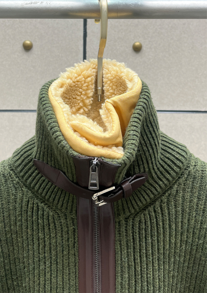 Shearling Collar Knit Zip Jacket