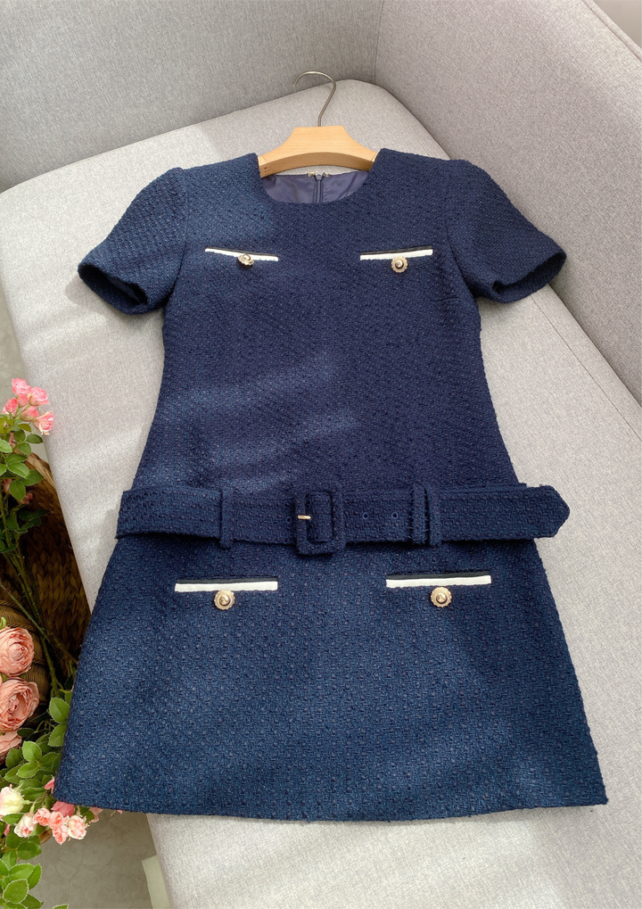 Navy Tweed Elegant Belted Mini Dress