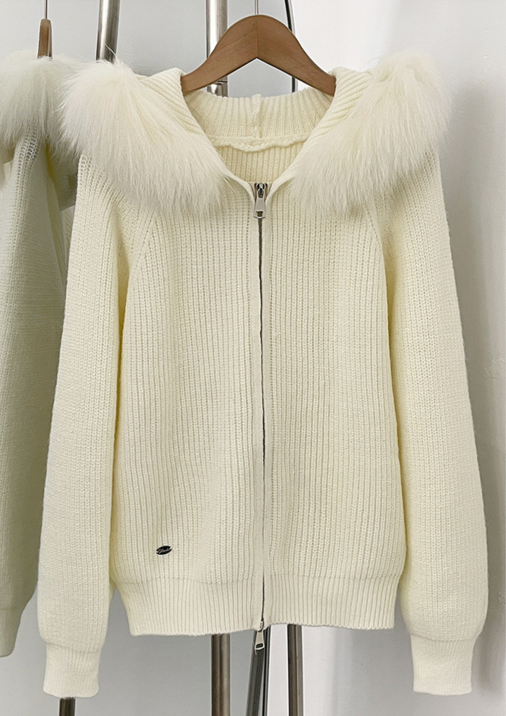 Ivory Fox Fur Trim Hooded Knit Jacket Top