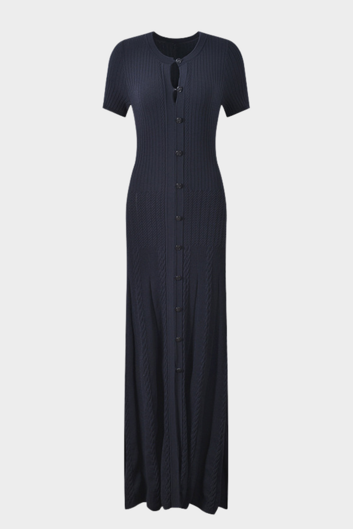 Luxe Viscose Button Down Knit Maxi Dress In Navy Blue