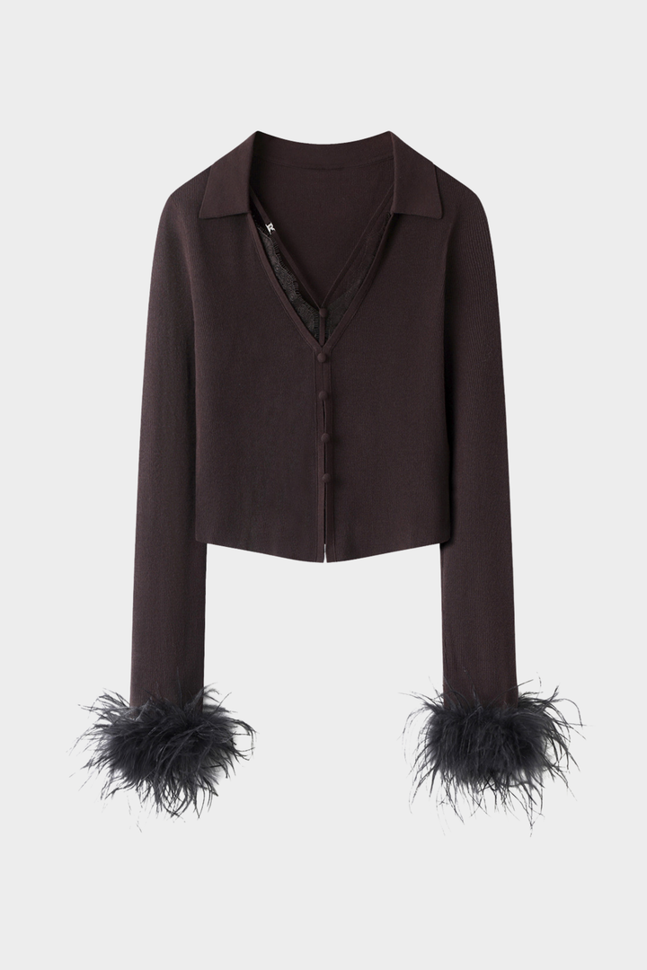 Feather Lace embroidery  Wool Knit Cardigan Top