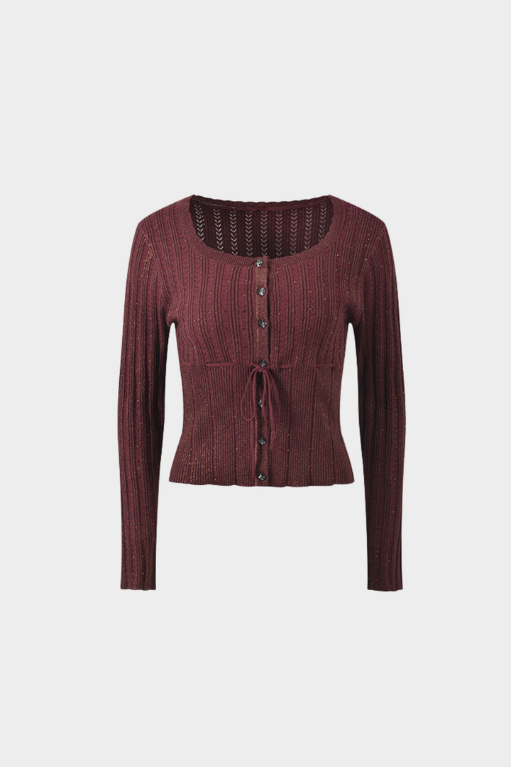 Gleam Beaded Elegance Tencel Knit Tie Waist Top