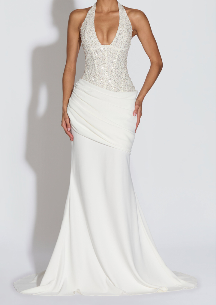 Semi Sheer Embellished Halter Sparkle  Sequin Maxi Dress