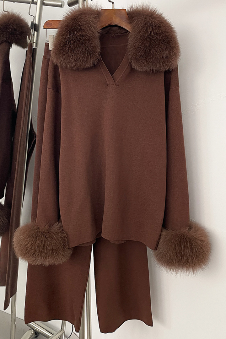 Velora Real Fox Fur Knit Lounge Set - Fur Cuff Edition