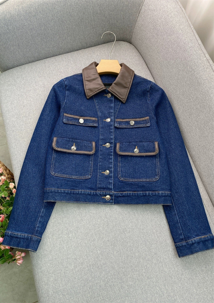 Liora – Leather Trim Lapel Denim Jacket Top