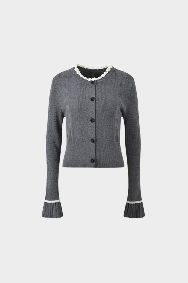 Grey Pleated Mini Skirt with Pearl Flower Waistline