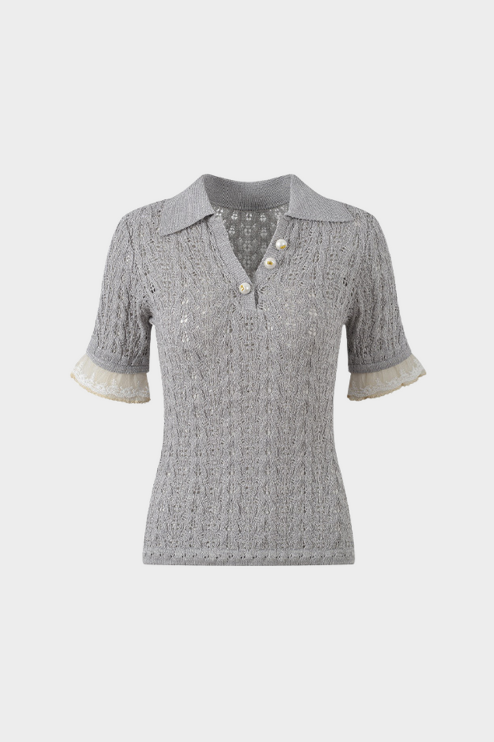 Pearl Lace-Trim Crochet Knit Polo Top
