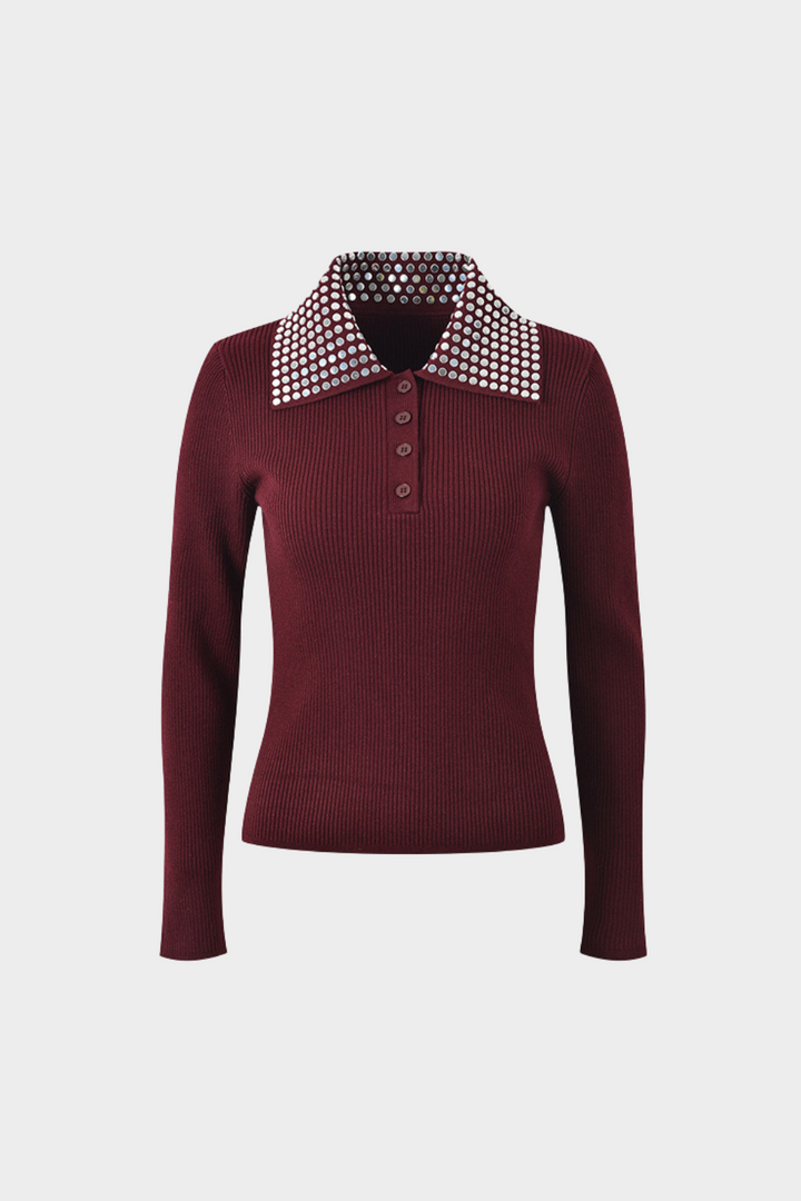 Elegant Burgundy Stud Collar Ribbed Wool Polo Top