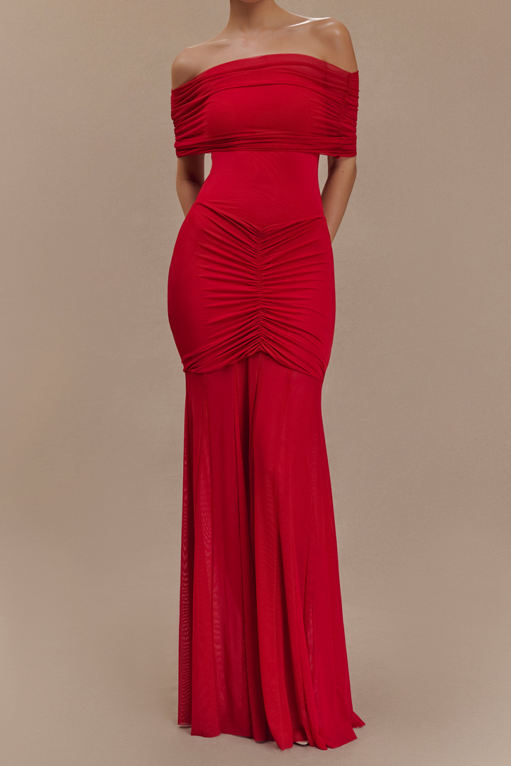 Scarlet Serenity Off Shoulder Ruched Mesh Maxi Dress