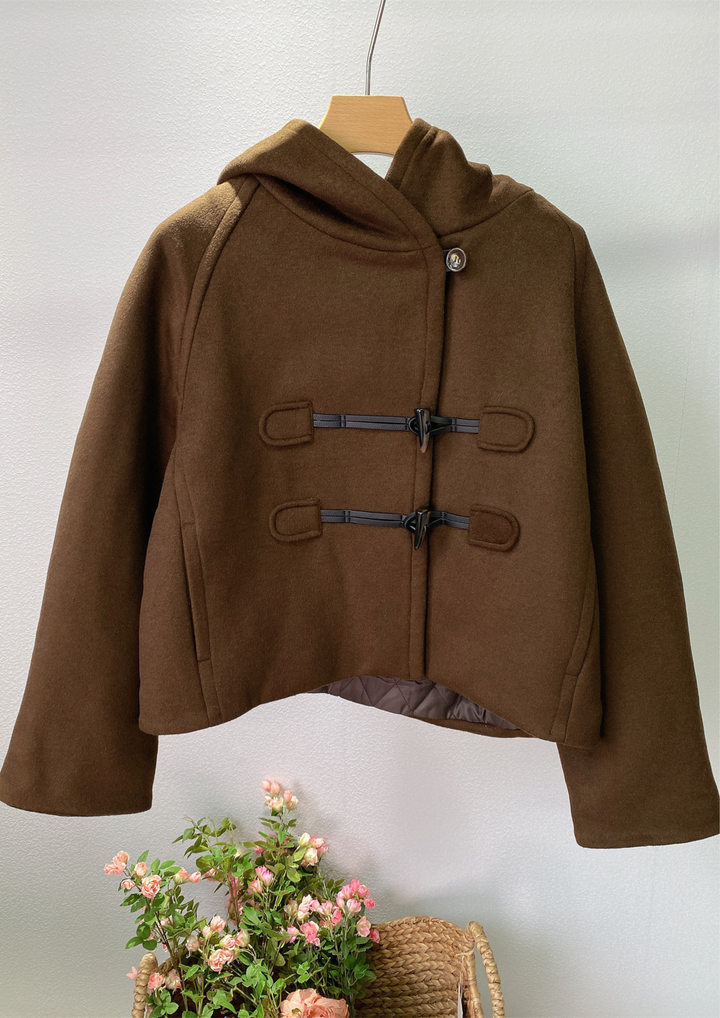 Hooded Toggle  Dark Brown Wool Coat Jacket