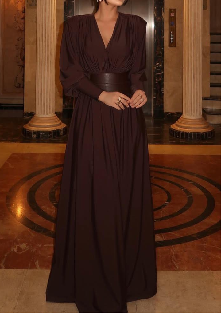 Deep V Neck Cinched Leather Waist Maxi Dress