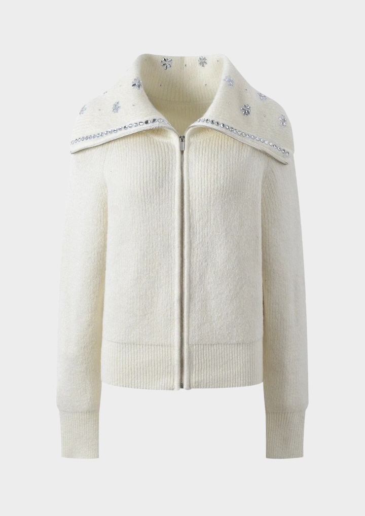 Crystal Bloom Collar Wool Cardigan Jacket Top