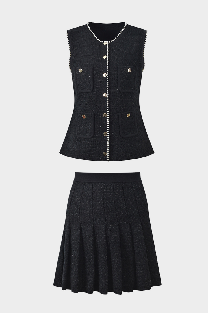 Luxury Pearl Trimmed Beaded Vest & Pleated Skirt Set