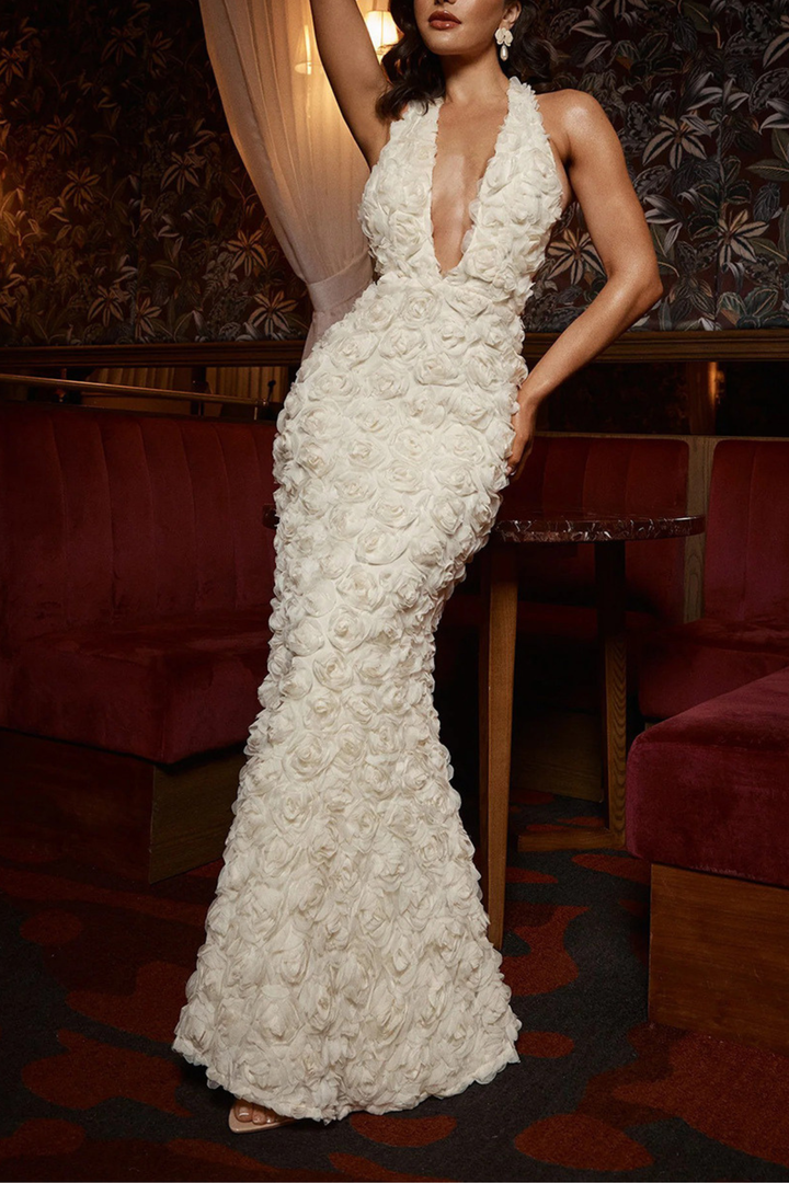 Vienna White Rose Floral Backless Fishtail Maxi Dress
