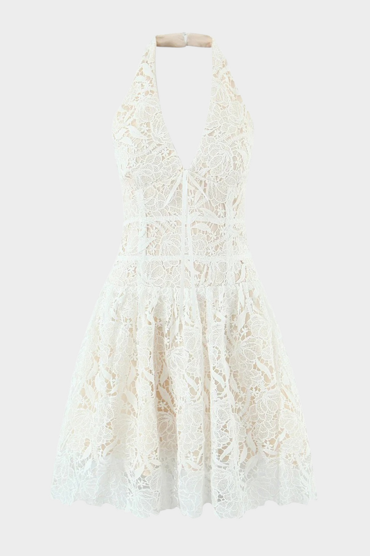 Ivory Apricot  Bloom Lace Halter Cute Mini Dress