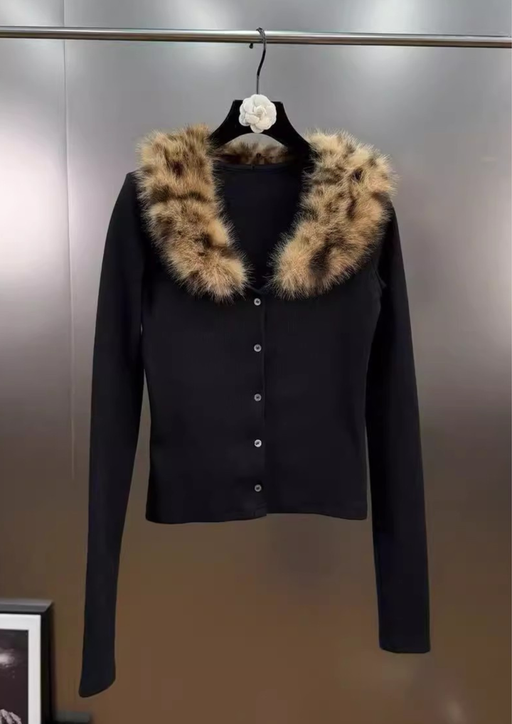 Plush Leopard Fur V Neck Knit Cardigan Top