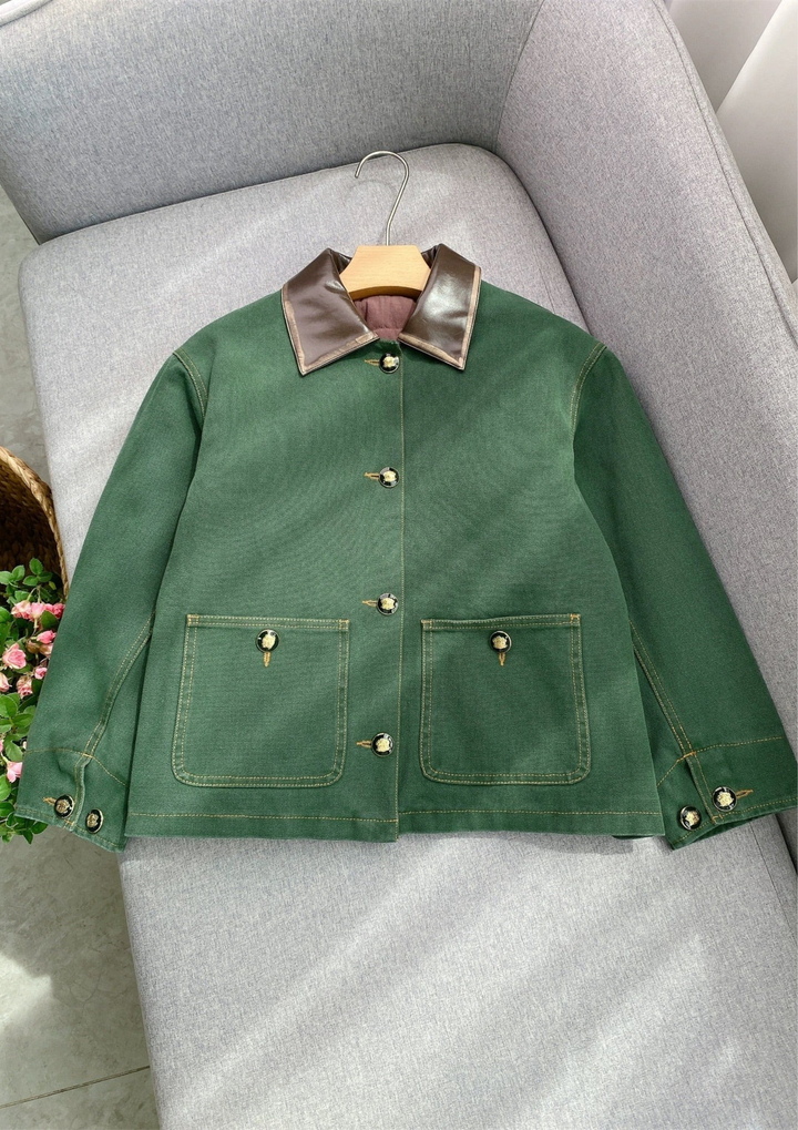 Leather Collar Casual Denim Green  Jacket
