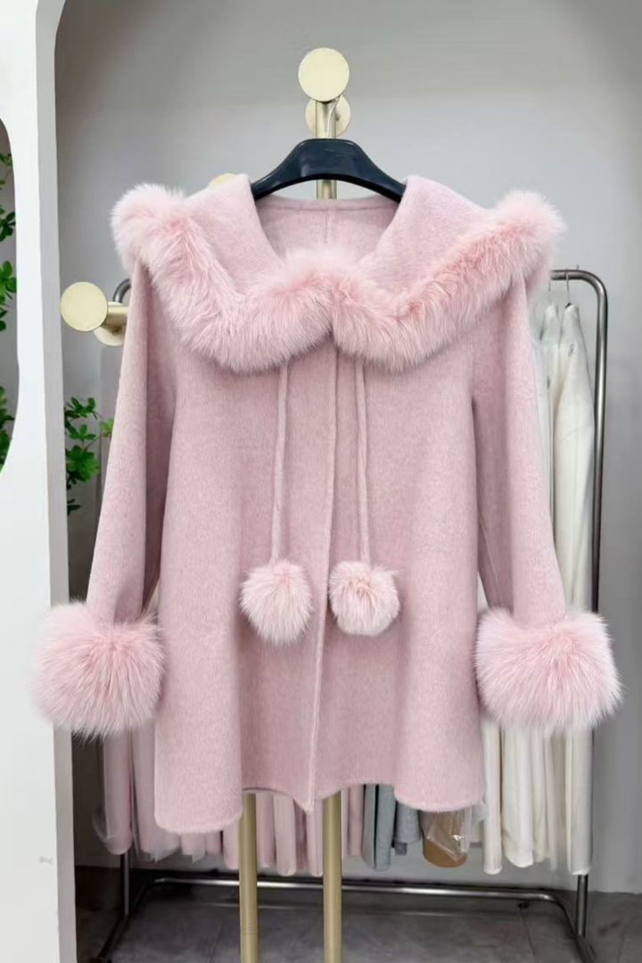Fox Fur Trim Double Faced Wool Swing Coat
