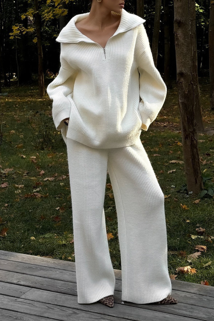 Comfy Ribbed Lapel Wide Leg Knit Set