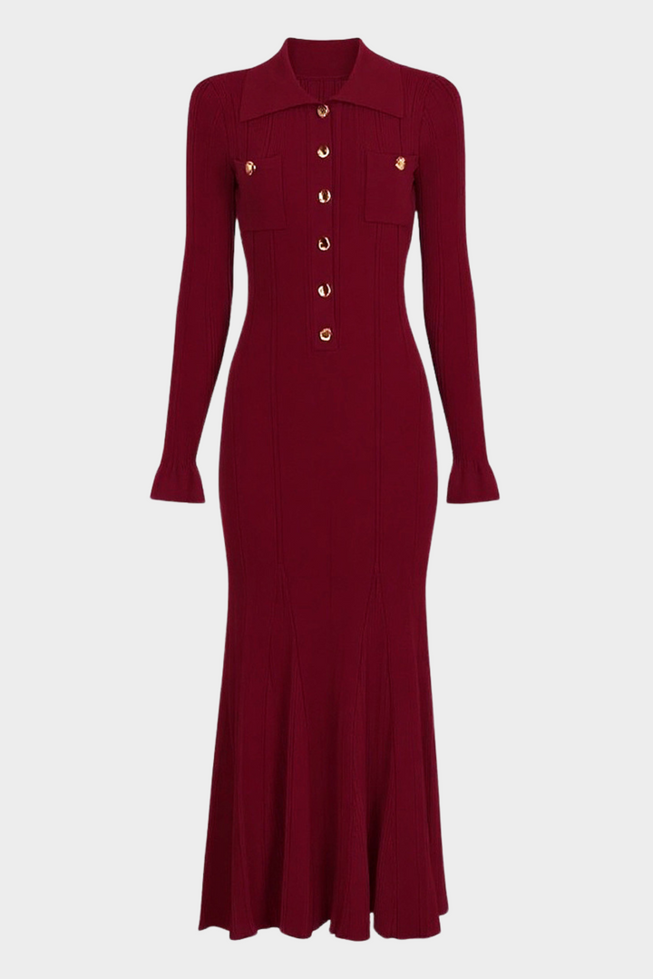 Viscose  Lapel Gold Buttons  Flared Hem Maxi Dress