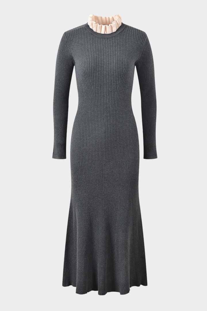 Ruffle Ribbed High Neck Soft Wool Maxi Dress